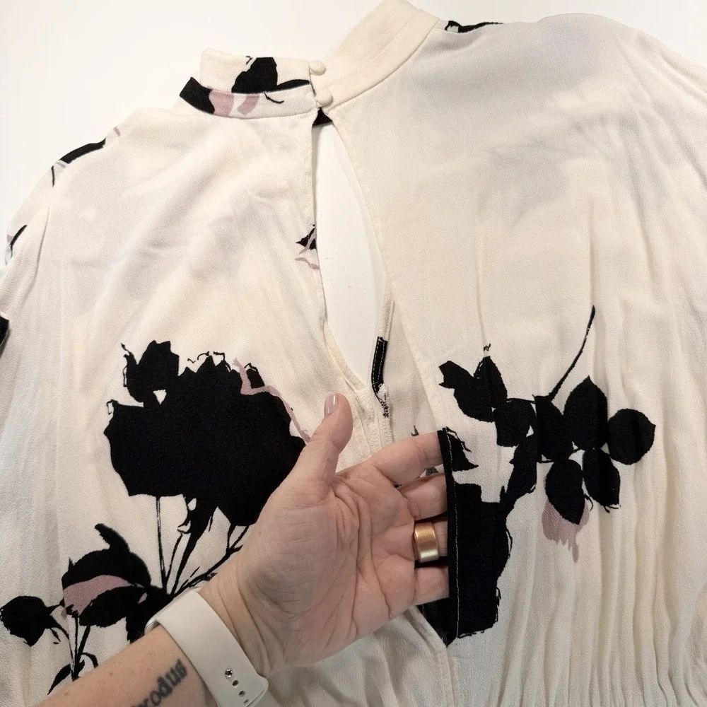 Free People Long Sleeve Ivory Black Floral Print Top Cutouts Tie Waist L‎
